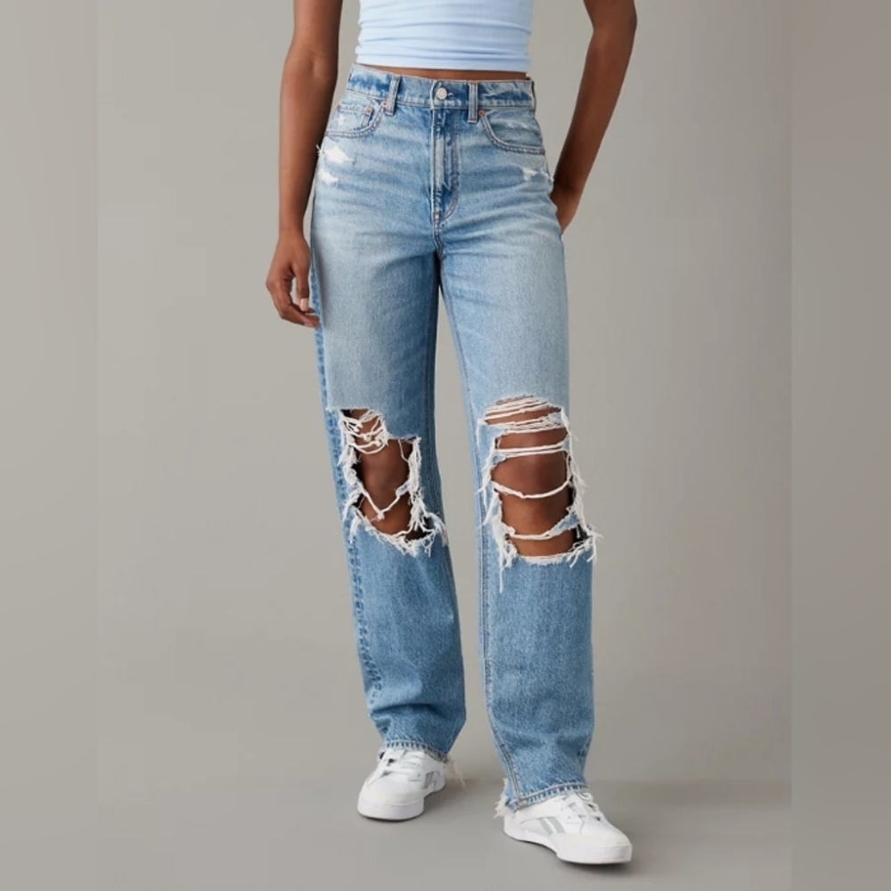 American Eagle Strigid Ripped Highest Waist Baggy Straight Jean Sz 6
